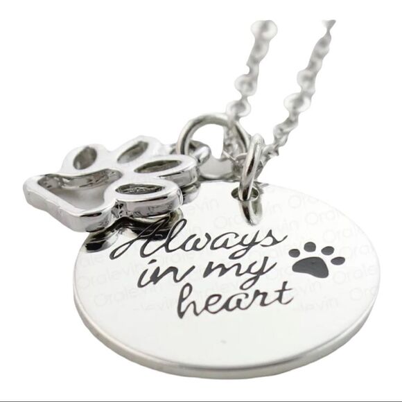 Dog Always In My Heart Paw Print Silver Plated Charm Necklace NWT - Picture 2 of 8